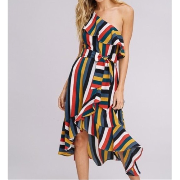 Multi Stripe One Shoulder Ruffle Wrap Dress - Picture 4 of 6